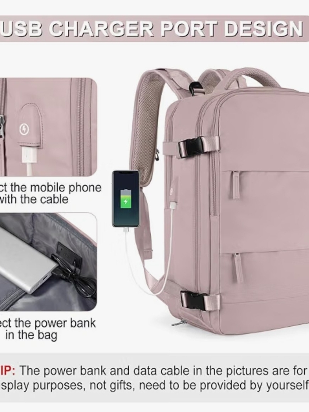 Women's Travel Backpack - Dusty Pink - Picture 5 of 7